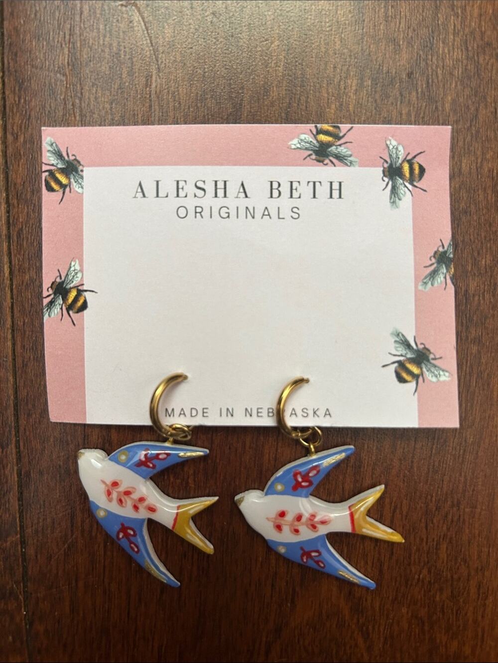 Alesha Beth Originals Polymer Clay Swallow Dangle Earrings, Gold Hoops, Pierced